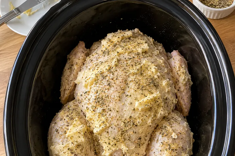 A whole chicken rubbed with seasoned butter, set breast side up in a black oval slow cooker before cooking