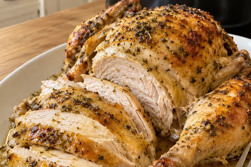 Carved buttery roast chicken on a white platter showing tender, juicy white meat, with browned skin from the optional broiler finish