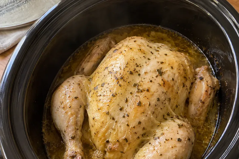 Cooked whole chicken in a slow cooker surrounded by its golden buttery juices, with soft, pale skin