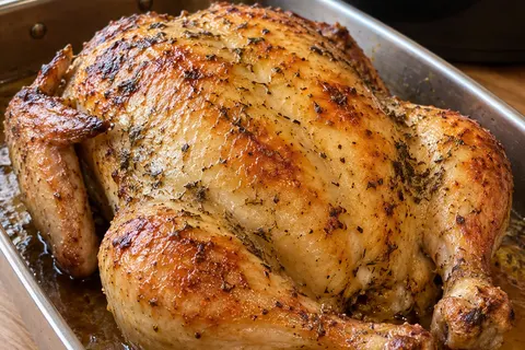 Golden, herb-flecked buttery roast chicken in a metal roasting pan after the optional broiler finish