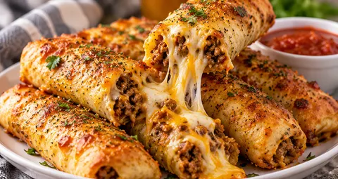 Golden Cheesy Taco Sticks on a white plate, one pulled away to show the melted cheese stretching from the seasoned beef filling, with a bowl of salsa alongside