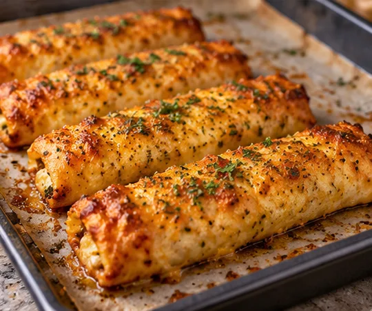 Freshly baked golden Cheesy Taco Sticks on a parchment-lined baking sheet, browned and flecked with parsley