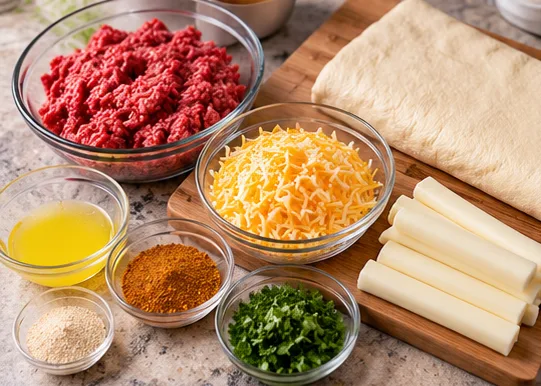 Ingredients for Cheesy Taco Sticks: ground beef, shredded cheddar and mozzarella, pizza dough, mozzarella string cheese, melted butter, taco seasoning, garlic powder and chopped parsley