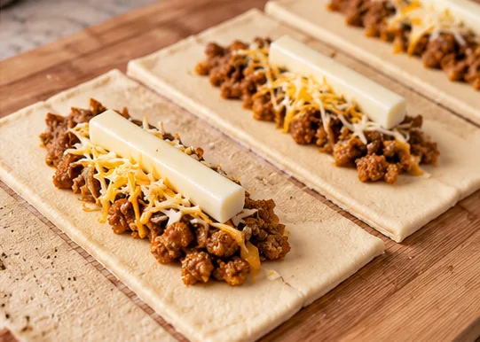 Rectangles of pizza dough topped with seasoned taco beef, shredded cheese and a mozzarella stick down the center before rolling and sealing