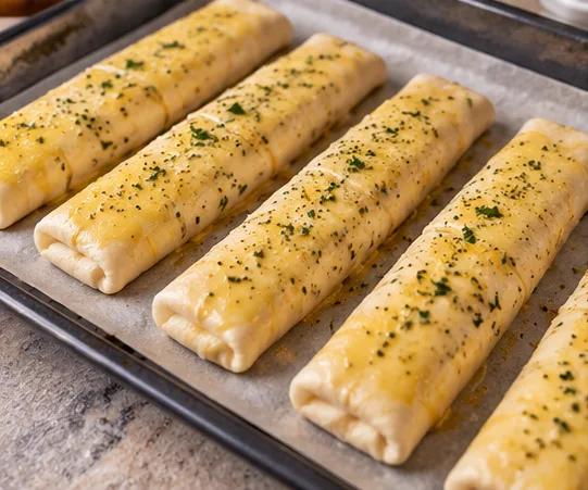 Assembled Cheesy Taco Sticks placed seam-side down on a parchment-lined baking sheet and brushed with garlic parsley butter before baking