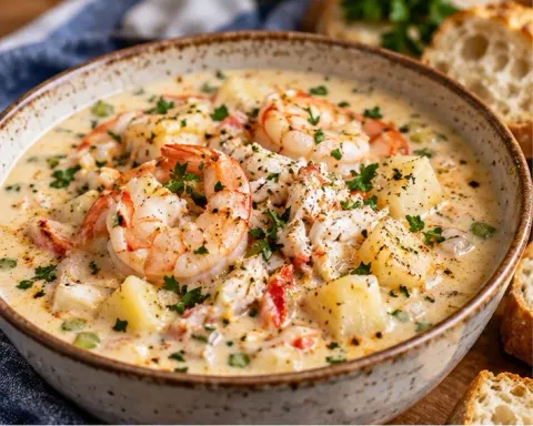 Cozy creamy seafood chowder with shrimp and crab in a white bowl, garnished with fresh parsley