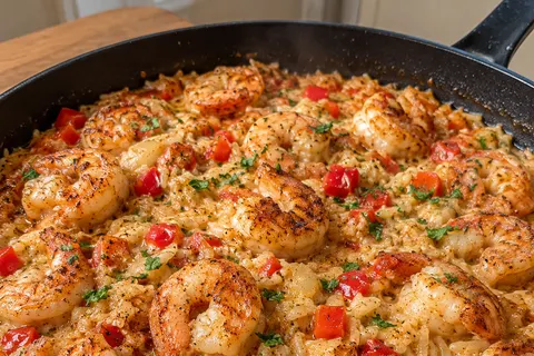 Creamy Cajun shrimp and rice in a black skillet with red bell pepper and seared shrimp, garnished with optional chopped parsley