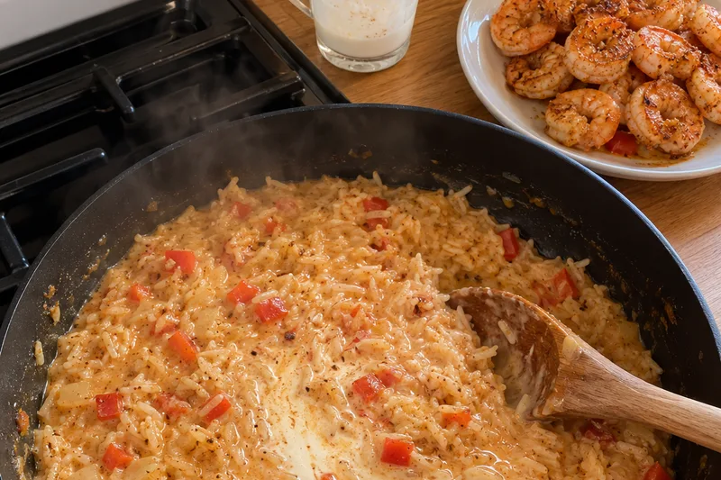 Creamy Cajun rice with red bell pepper being stirred with a wooden spoon in the skillet, with the seared shrimp waiting on a plate beside it