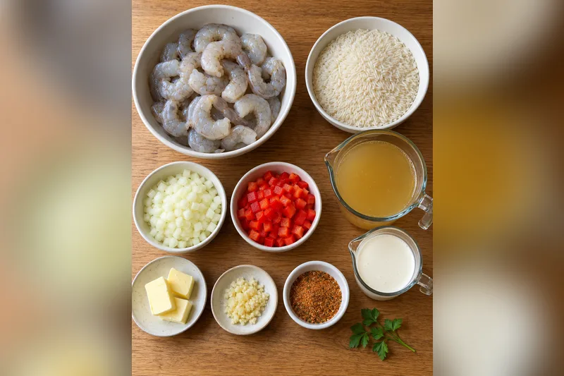 Ingredients laid out: raw peeled shrimp, long-grain white rice, chicken broth, heavy cream, diced onion, diced red bell pepper, butter, minced garlic, Cajun seasoning and a parsley sprig for garnish