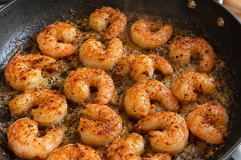Cajun-seasoned shrimp searing in foaming butter in a black skillet before being removed to a plate
