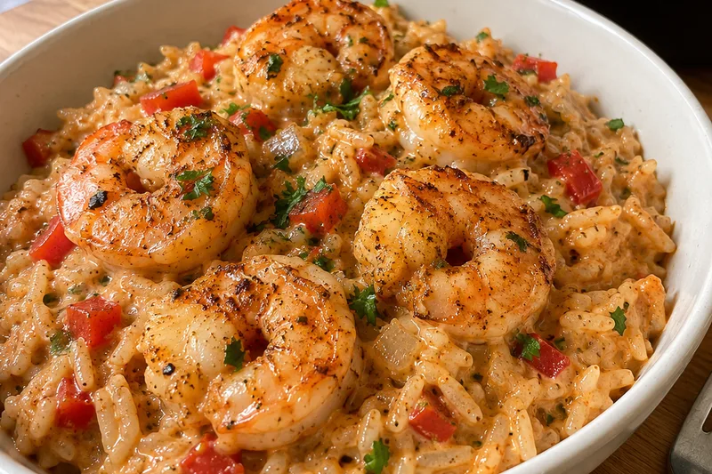A bowl of creamy Cajun rice topped with seared shrimp, red bell pepper and optional chopped parsley