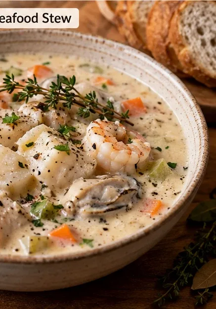 A finished bowl of creamy oyster stew garnished with parsley, ready to serve