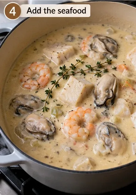 Fresh shucked oysters and their briny liquor being prepped for creamy oyster stew