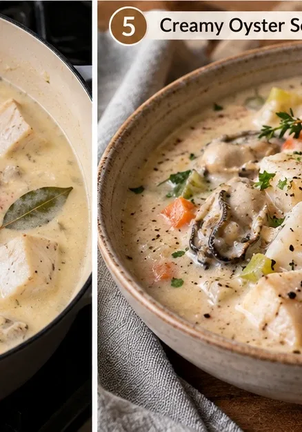 Creamy oyster stew simmering in a pot on the stove