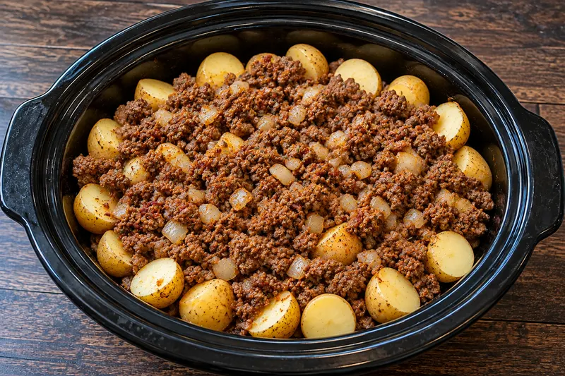 Browned taco-seasoned ground beef and diced onion layered over halved baby potatoes in a slow cooker before cooking