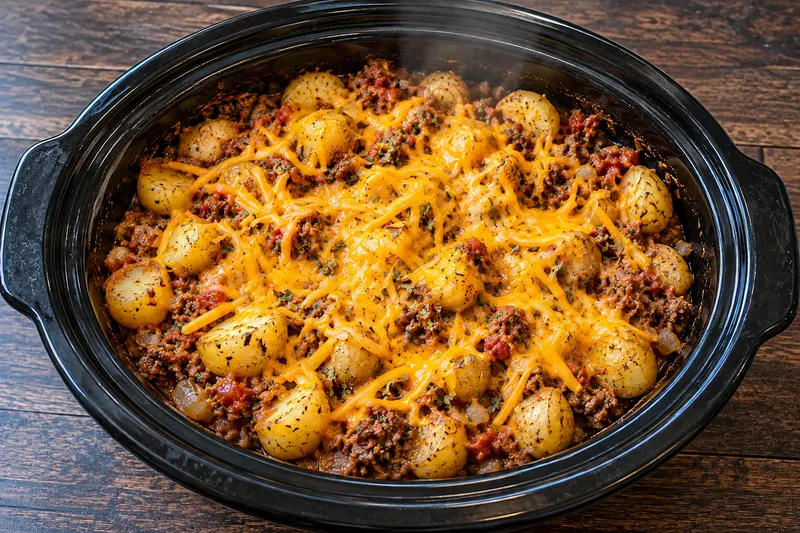 Shredded cheddar melting over the cooked taco potatoes and beef in the slow cooker