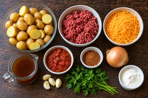 Ingredients for Crockpot Taco Potatoes: baby Yukon Gold potatoes, ground beef, shredded cheddar, beef broth, Rotel tomatoes, taco seasoning, garlic, onion, parsley and sour cream