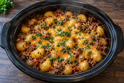 Crockpot Taco Potatoes in a black slow cooker, golden halved potatoes and taco-seasoned ground beef under melted cheddar and chopped parsley