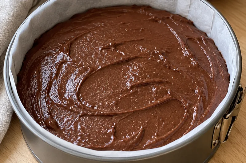 Unbaked chocolate Greek yogurt cake batter spread in an 8-inch springform pan lined with parchment on the bottom and sides