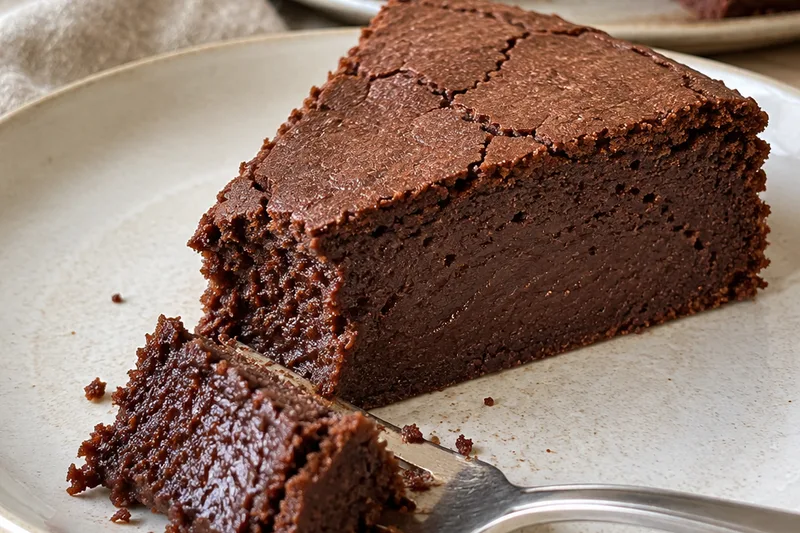 Chilled slice of flourless Greek yogurt chocolate cake on a plate with a forkful cut away to show its dense, fudgy, creamy center