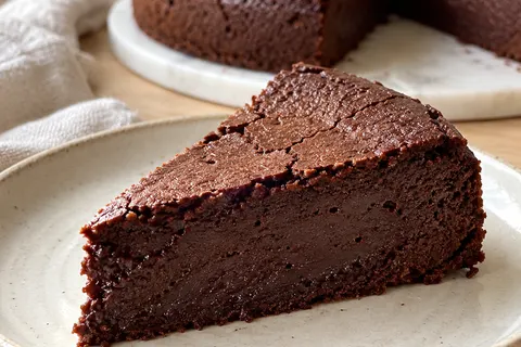 Slice of dense, fudgy flourless Greek yogurt chocolate cake with a crackled top on a plate, the rest of the cake behind it