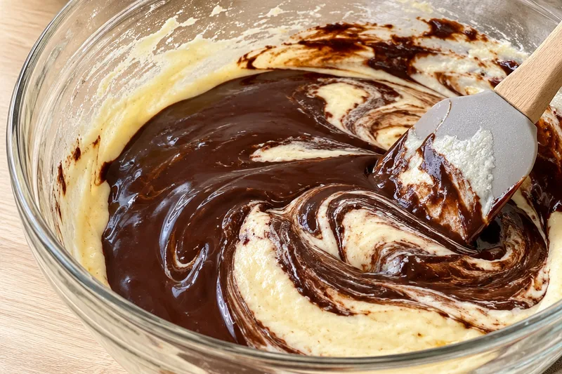 Melted dark chocolate being folded into the pale egg and Greek yogurt mixture with a spatula in a glass bowl