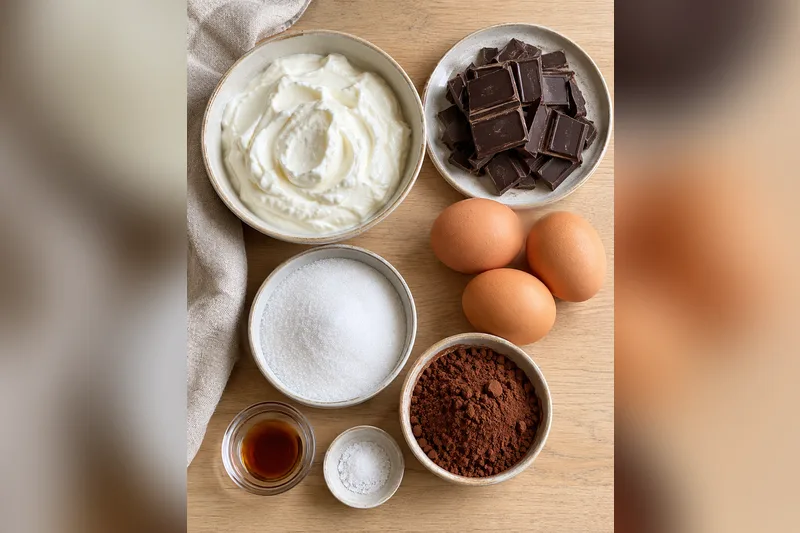 Flourless chocolate cake ingredients: thick Greek yogurt, dark chocolate pieces, 3 eggs, granulated sugar, cocoa powder, vanilla extract and salt