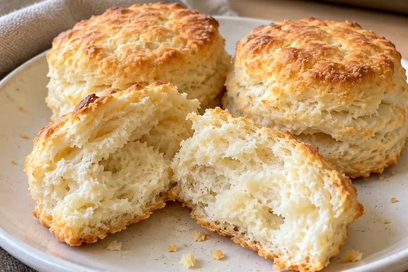 Freshly baked butter biscuits on a white plate, one pulled apart to show the soft, flaky inside