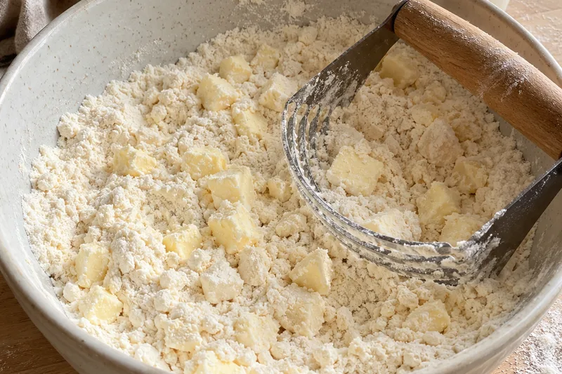 A pastry blender cutting cubes of cold butter into the flour mixture in a large bowl, with pieces of butter still clearly visible