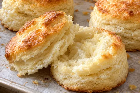 Tall golden homemade butter biscuits on a parchment-lined baking sheet, one pulled apart to show its flaky, tender layers