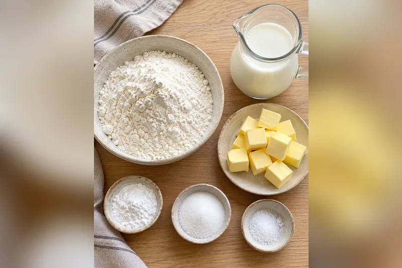 Butter biscuit ingredients: a bowl of all-purpose flour, a pitcher of whole milk, cubes of cold butter, and small bowls of baking powder, sugar and salt