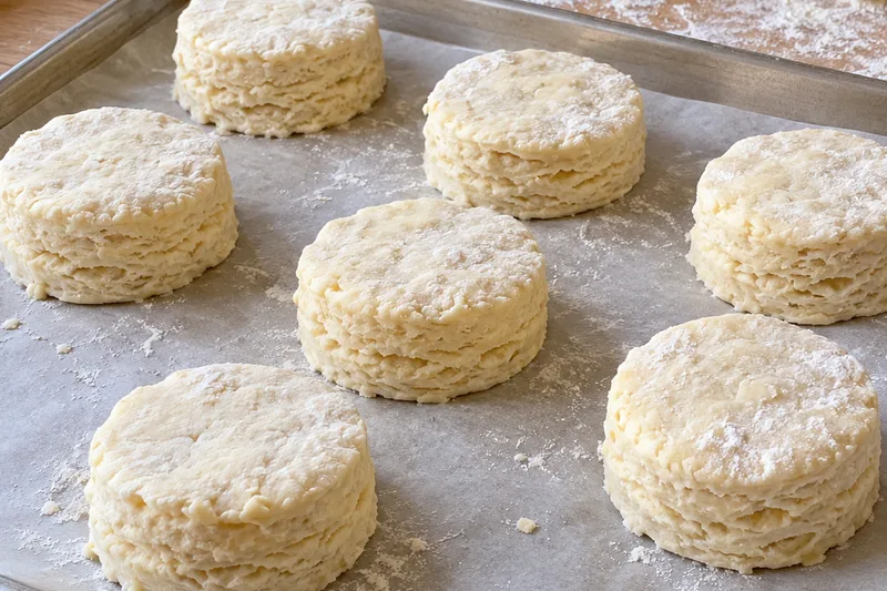 Thick, layered rounds of unbaked biscuit dough spaced apart on a parchment-lined baking sheet, with a round cutter and dough scraps behind