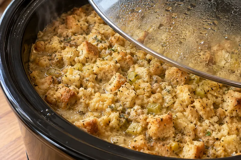 Steam rising as the glass lid is lifted off the slow cooker, showing golden stuffing on top of the chicken