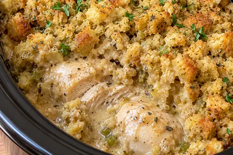Juicy Crock Pot Chicken and Stuffing in a black slow cooker, golden herb stuffing over tender chicken breasts in a creamy sauce, topped with fresh parsley