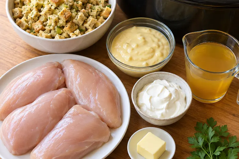 Ingredients for Crock Pot Chicken and Stuffing on a wooden board: raw chicken breasts, stuffing, cream of chicken soup, chicken broth, sour cream, butter and fresh parsley beside an empty slow cooker