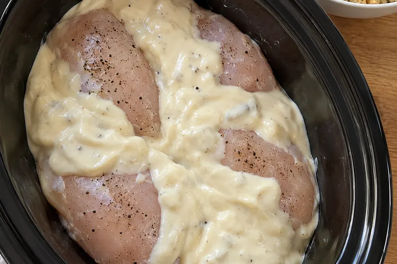 Raw seasoned chicken breasts in a black slow cooker, covered with the creamy herb sauce before cooking