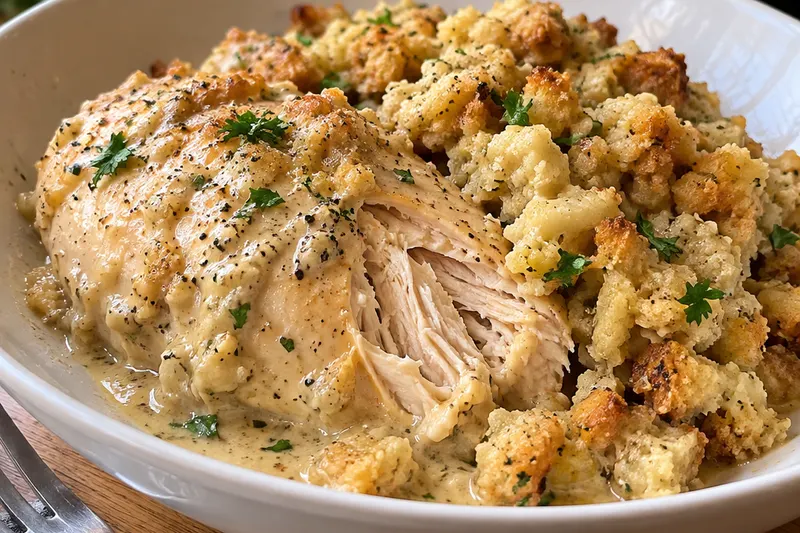 A serving of juicy chicken breast pulled apart beside herb stuffing and creamy sauce in a white bowl, sprinkled with parsley