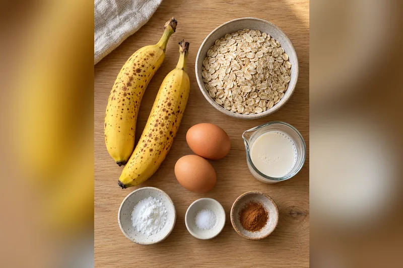 Oat banana bread ingredients: 2 speckled ripe bananas, a bowl of rolled oats, 2 eggs, a small jug of plant milk, and small bowls of baking powder, salt and ground cinnamon