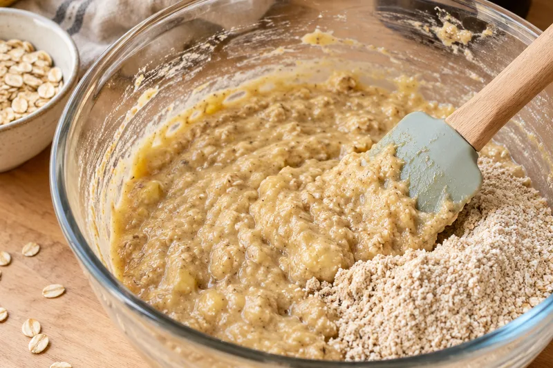 Ground oats being folded into the mashed banana, egg and milk mixture with a spatula in a glass bowl, with the blender of ground oats behind