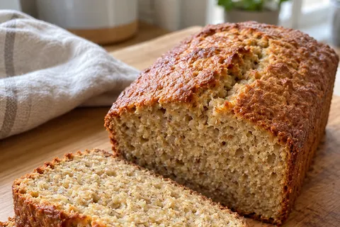 Golden oat banana bread loaf on a wooden board with a slice cut to show its moist, slightly dense oat crumb