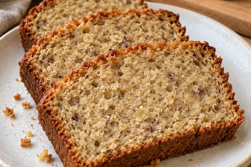 Three slices of oat banana bread on a white plate, with the rest of the loaf on a wooden board behind