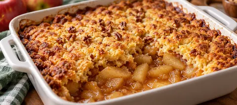 Old-Fashioned Apple Dump Cake with golden buttery topping and warm cinnamon apples