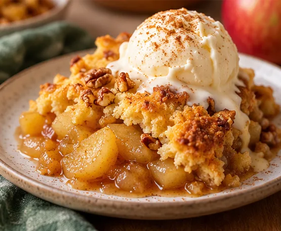 Warm Apple Dump Cake served with vanilla ice cream and golden crisp topping