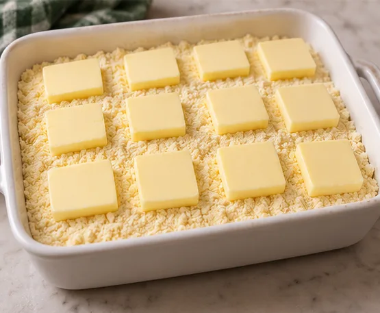 Butter pieces arranged evenly over dry cake mix before baking Apple Dump Cake