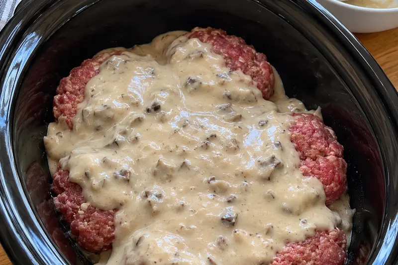 Raw beef patties in the slow cooker covered with creamy mushroom soup gravy, ready to cook