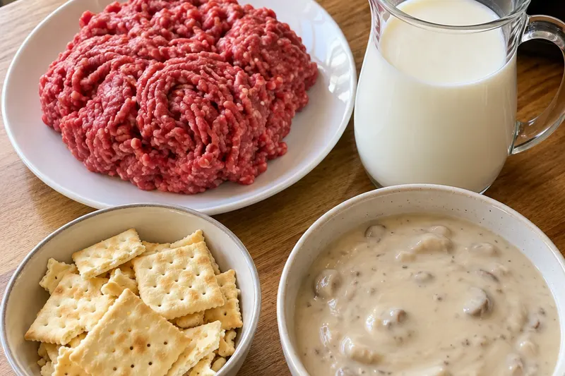 The four ingredients for Amish Poor Man's Steak: raw ground beef, a pitcher of milk, saltine crackers and condensed cream of mushroom soup