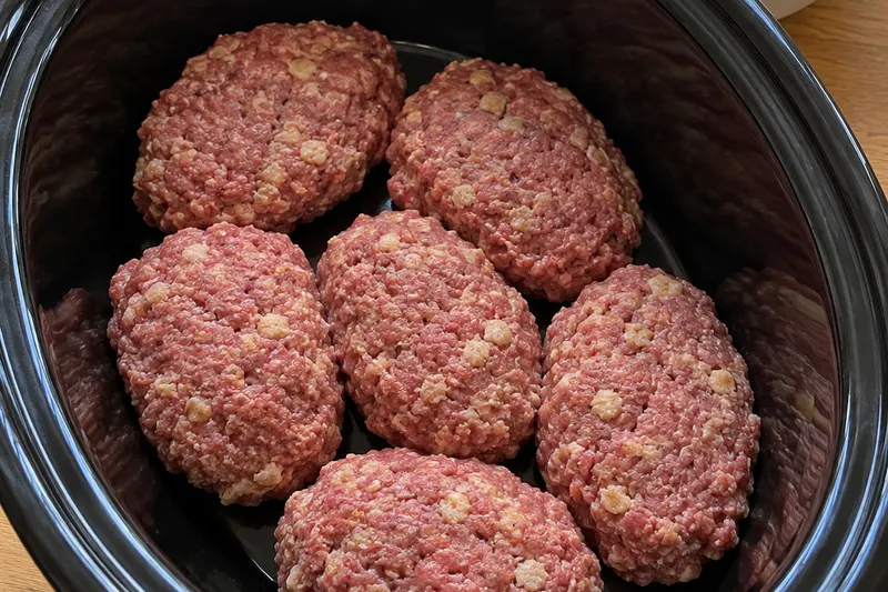 Six raw oval ground beef patties made with cracker crumbs arranged in a single layer in a black oval slow cooker