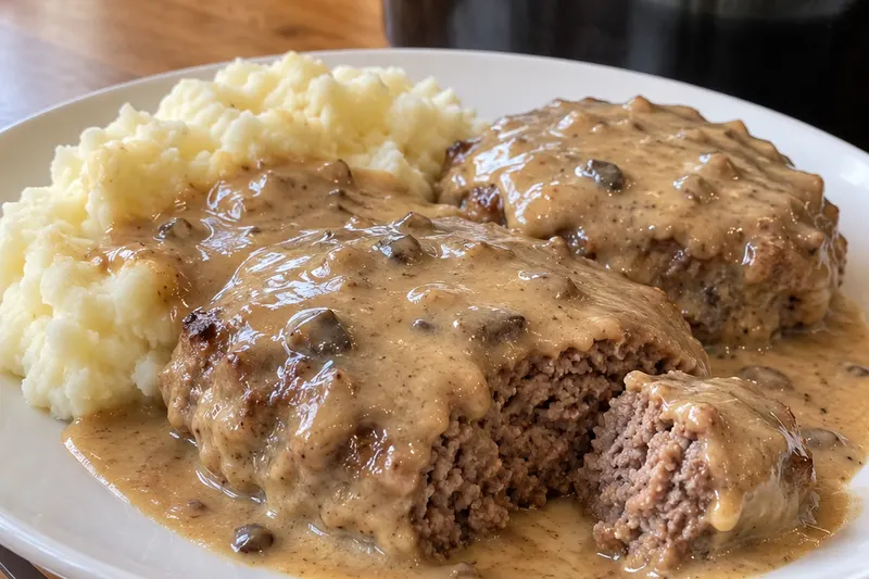 A plate of tender poor man's steak patties smothered in mushroom gravy, one cut open, with mashed potatoes on the side