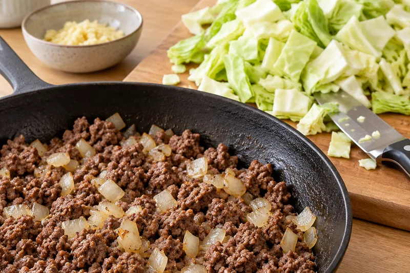 Browned ground beef with soft diced onion in a cast-iron skillet, next to a cutting board of chopped green cabbage ready for the slow cooker