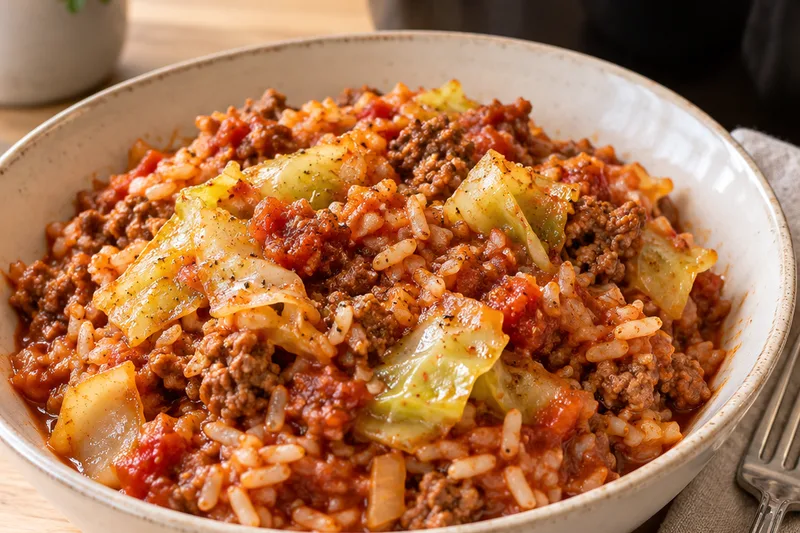 A bowl of cabbage roll casserole showing tender cabbage, ground beef and rice in tomato sauce, with the slow cooker behind it